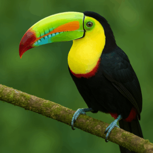 Colorful keel-billed toucan perched on a branch in the Costa Rican Rainforest